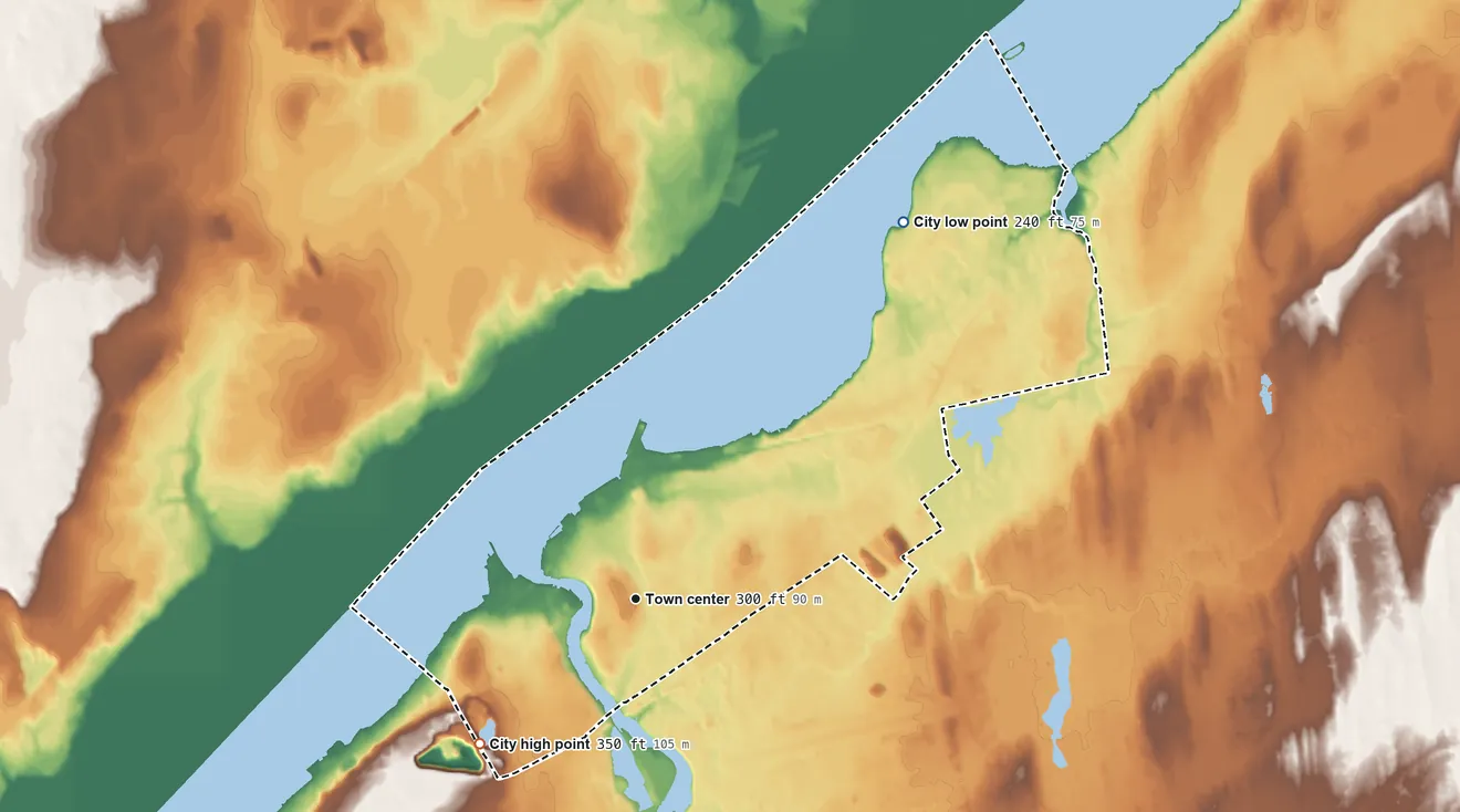 Topographic elevation map of Ogdensburg, New York, shaded from 240 ft on the northeast side to 350 ft on the southwest side