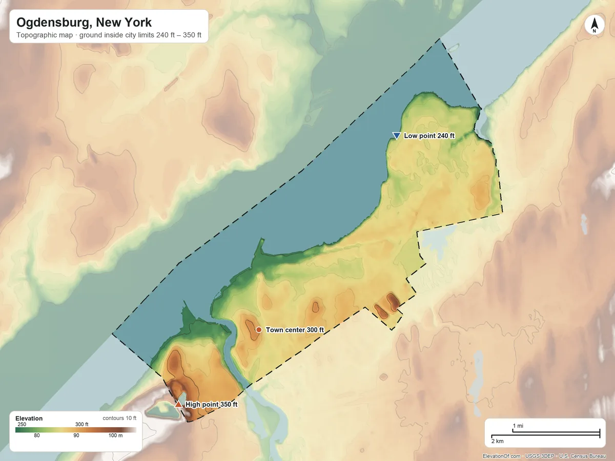 Topographic elevation map of Ogdensburg, New York, shaded from 240 ft on the northeast side to 350 ft on the southwest side