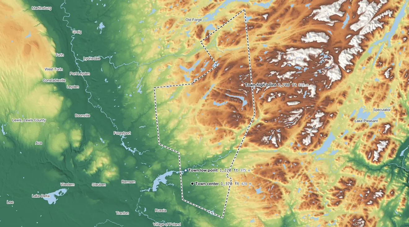Topographic elevation map of Ohio, New York, shaded from 1,220 ft near the middle to 2,700 ft on the northeast side