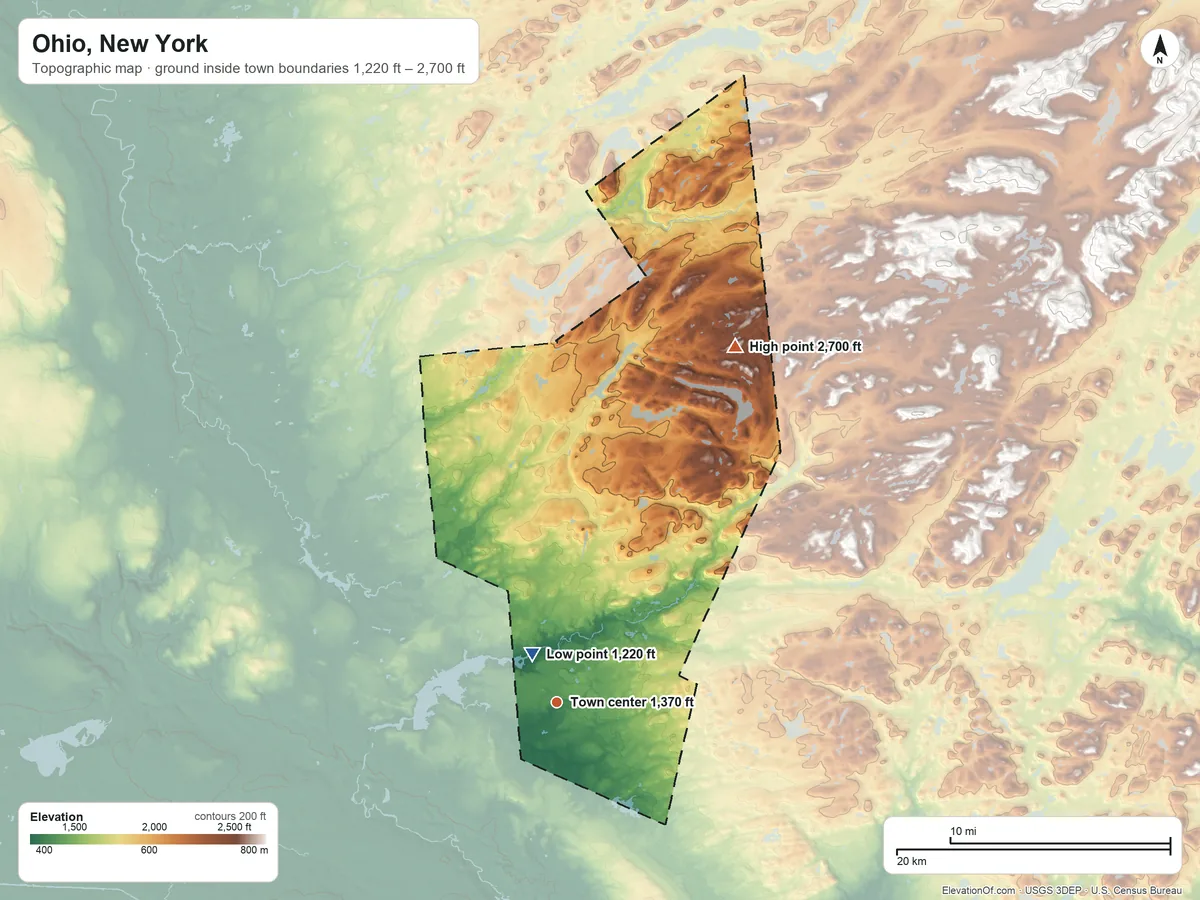 Topographic elevation map of Ohio, New York, shaded from 1,220 ft near the middle to 2,700 ft on the northeast side