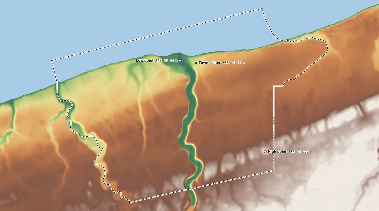 Topographic elevation map of Olcott, New York, shaded from 240 ft near the middle to 330 ft on the southeast side