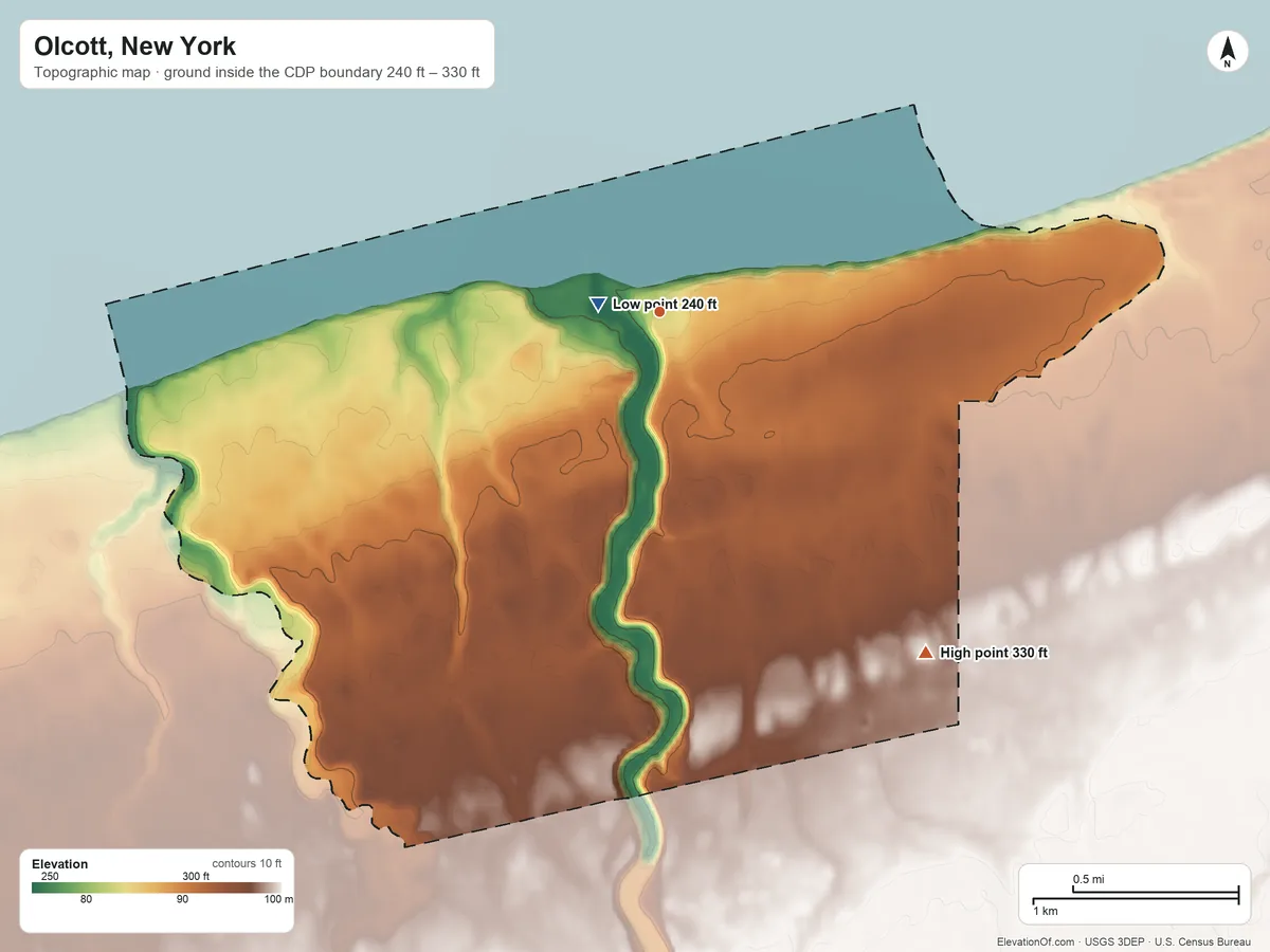 Topographic elevation map of Olcott, New York, shaded from 240 ft near the middle to 330 ft on the southeast side