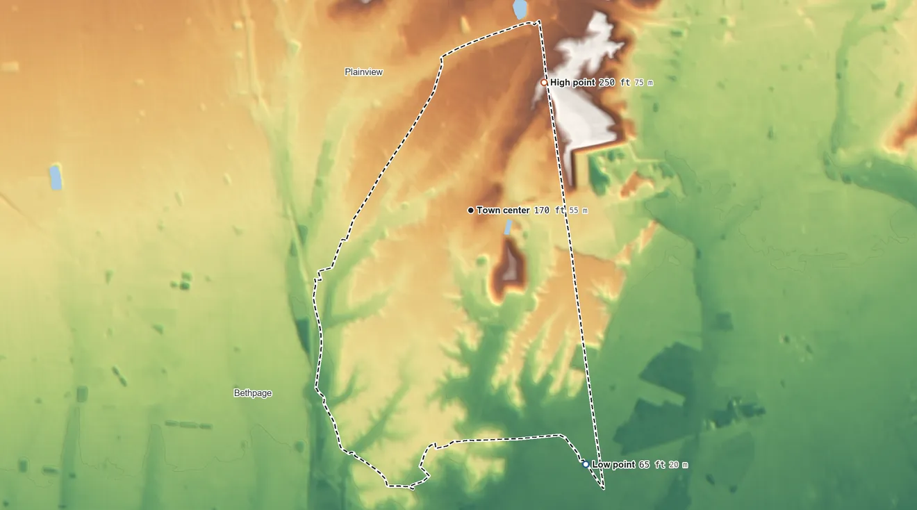 Topographic elevation map of Old Bethpage, New York, shaded from 65 ft on the southeast side to 250 ft on the northeast side