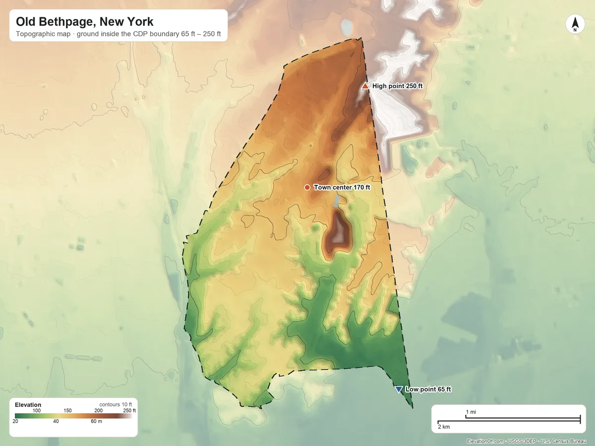 Topographic elevation map of Old Bethpage, New York, shaded from 65 ft on the southeast side to 250 ft on the northeast side