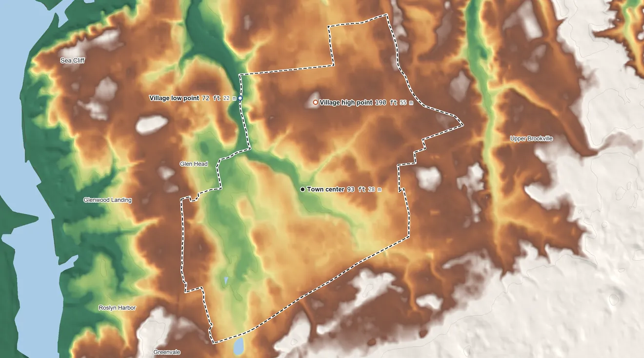Topographic elevation map of Old Brookville, New York, shaded from 72 ft on the northwest side to 190 ft on the north side