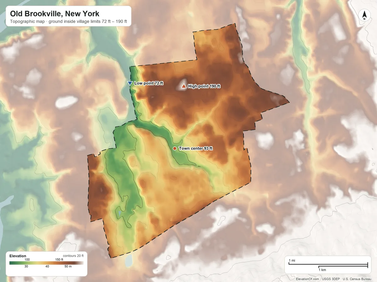 Topographic elevation map of Old Brookville, New York, shaded from 72 ft on the northwest side to 190 ft on the north side