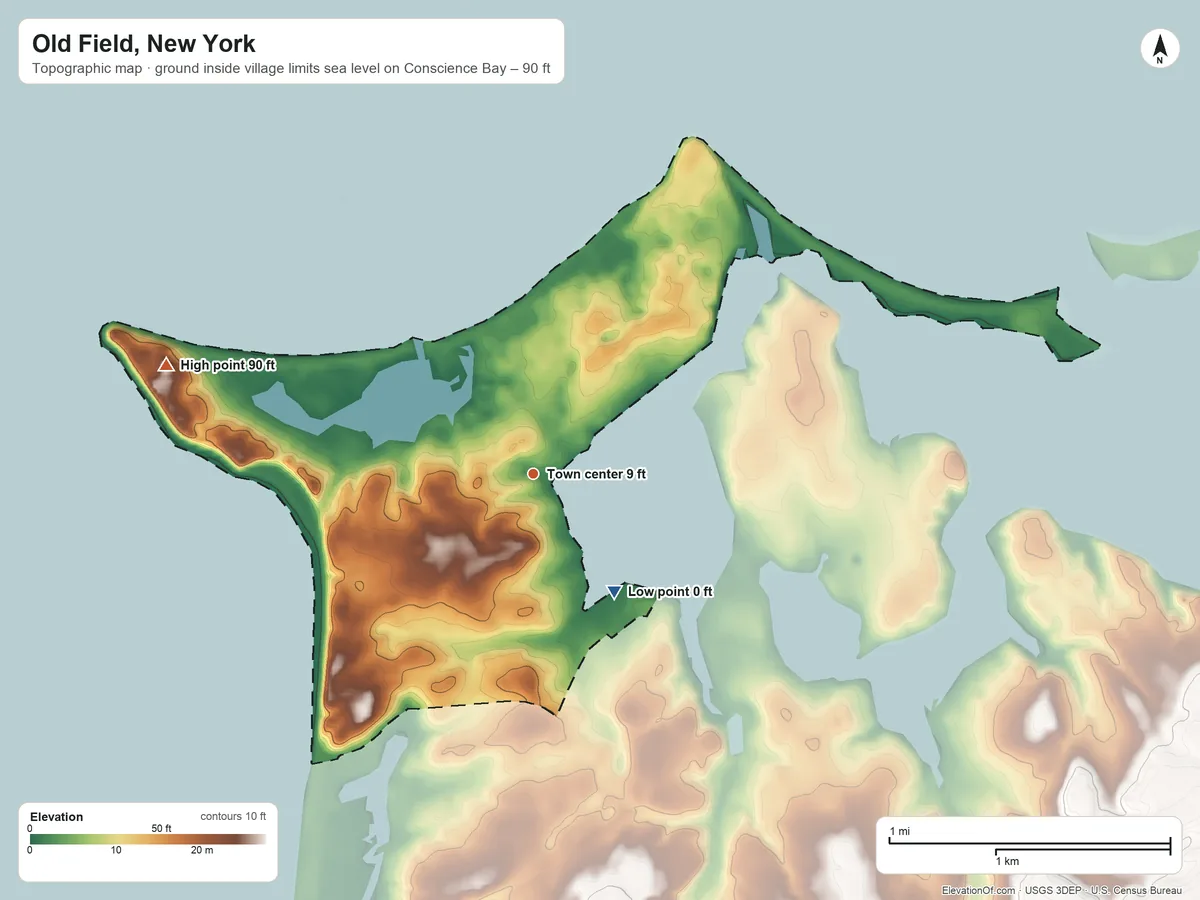Topographic elevation map of Old Field, New York, shaded from sea level level on Conscience Bay to 90 ft on the west side