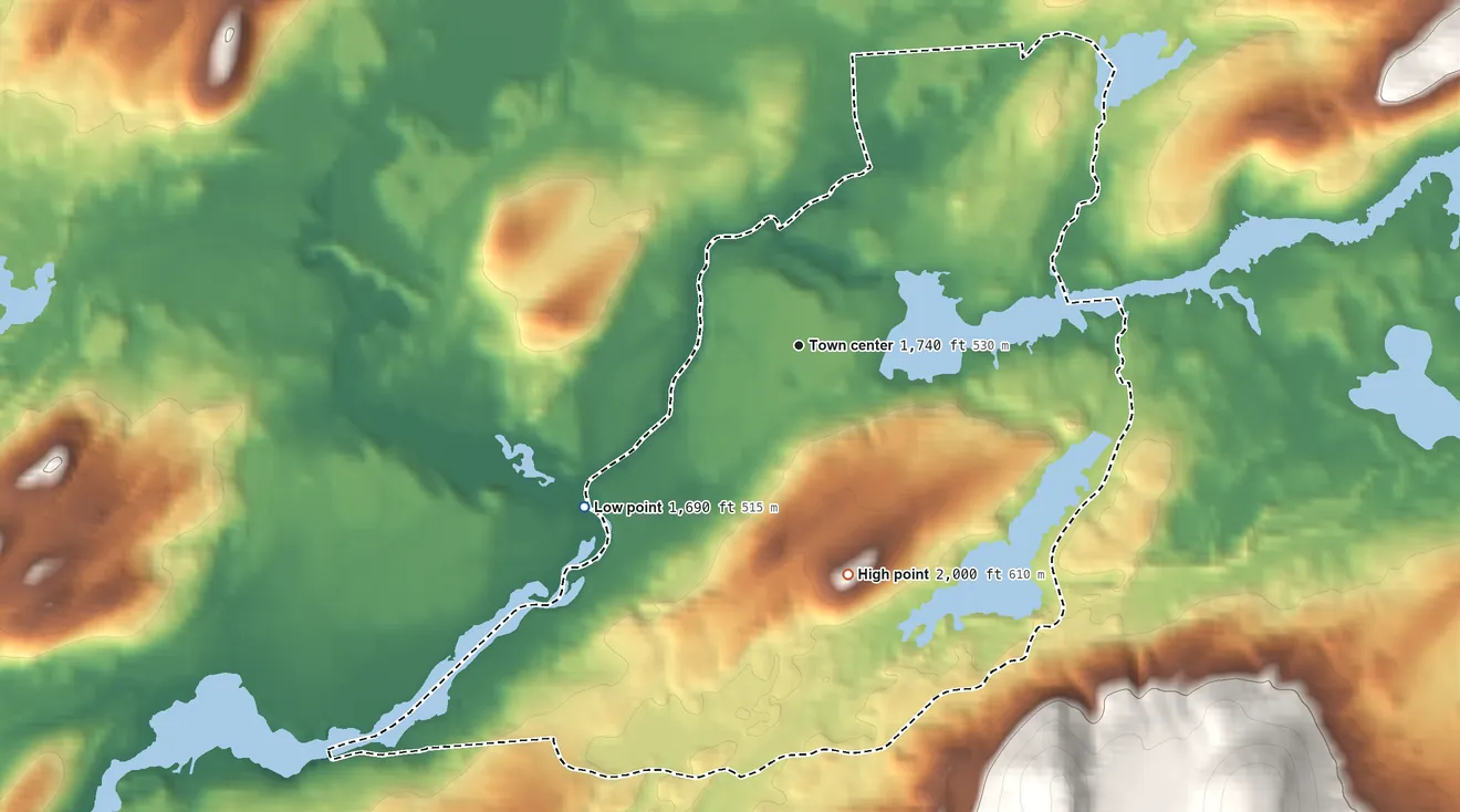 Topographic elevation map of Old Forge, New York, shaded from 1,690 ft on the southwest side to 2,000 ft on the south edge, below higher ground just outside