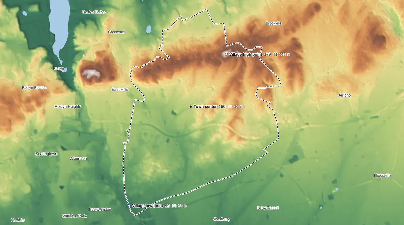 Topographic elevation map of Old Westbury, New York, shaded from 92 ft on the southwest side to 370 ft on the northeast side