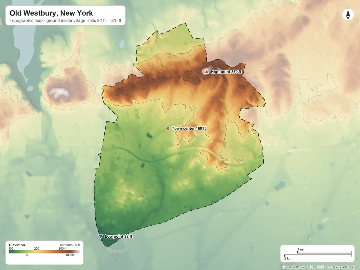 Topographic elevation map of Old Westbury, New York, shaded from 92 ft on the southwest side to 370 ft on the northeast side