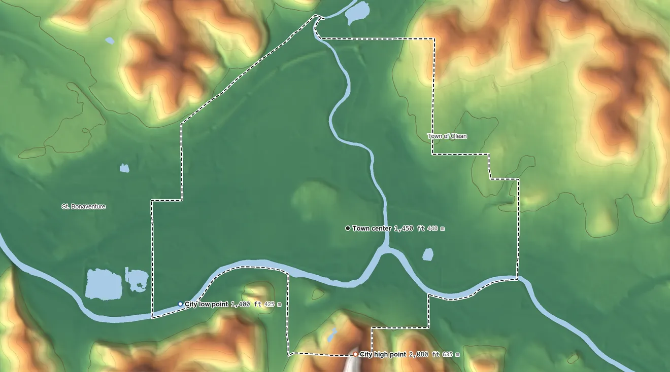 Topographic elevation map of Olean, New York, shaded from 1,400 ft on the southwest side to 2,080 ft on the south side