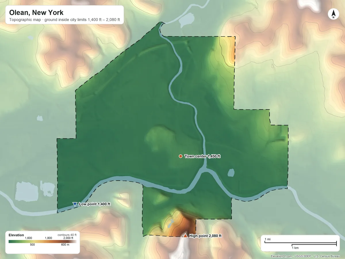 Topographic elevation map of Olean, New York, shaded from 1,400 ft on the southwest side to 2,080 ft on the south side