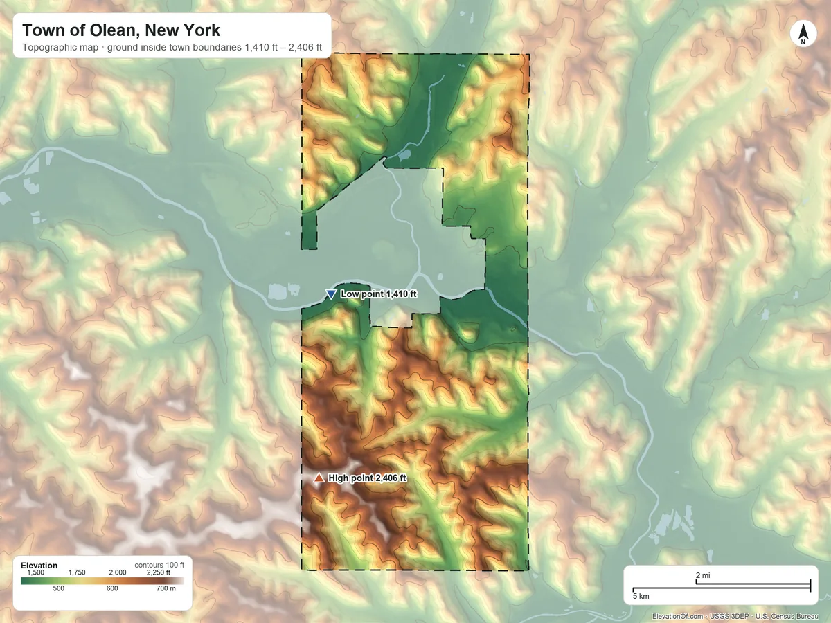 Topographic elevation map of Town of Olean, New York, shaded from 1,410 ft on the southwest side to 2,406 ft on Hartzfelt Mountain