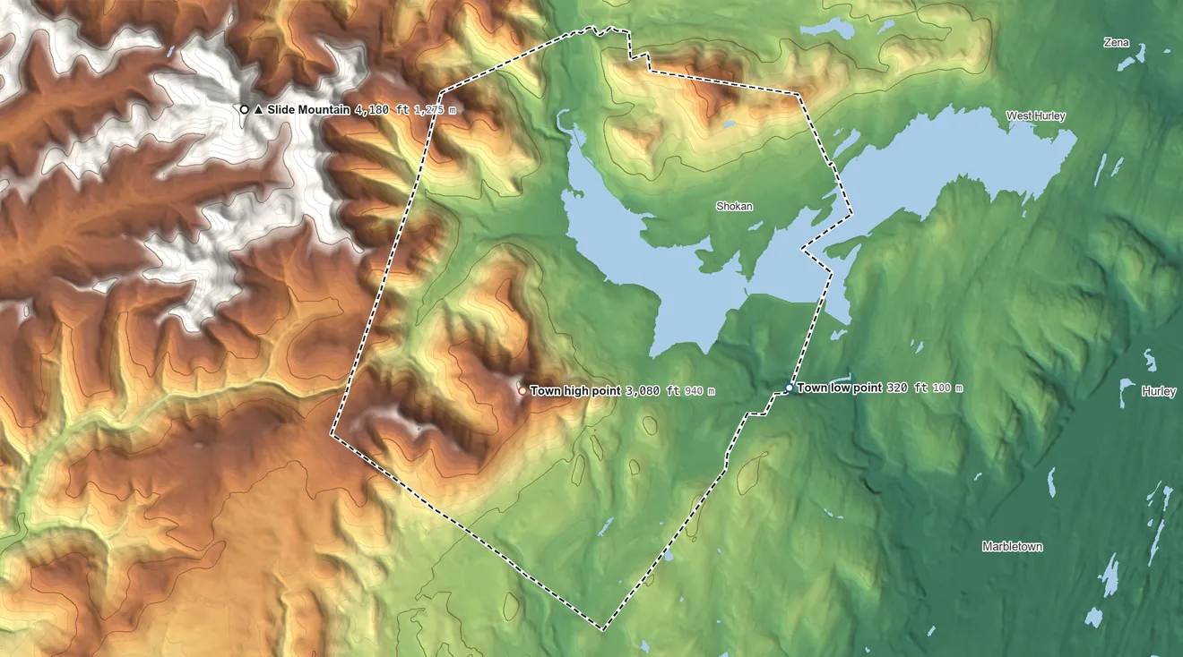 Topographic elevation map of Olive, New York, shaded from 320 ft on the southeast side to 3,080 ft on High Point