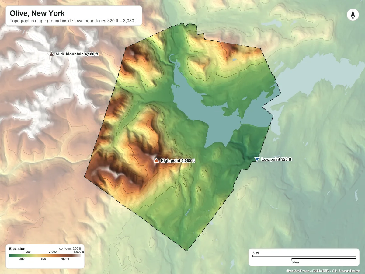 Topographic elevation map of Olive, New York, shaded from 320 ft on the southeast side to 3,080 ft on High Point