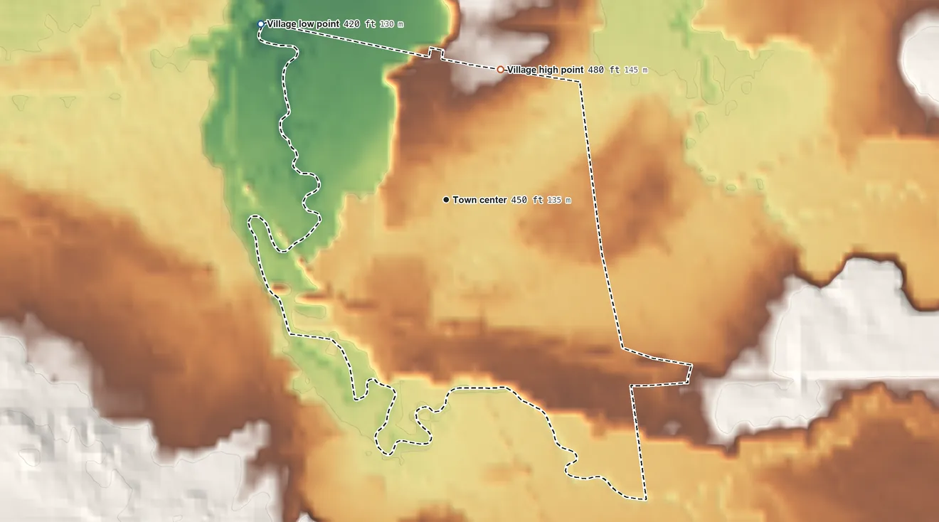Topographic elevation map of Oneida Castle, New York, shaded from 420 ft on the northwest side to 480 ft on the northeast side