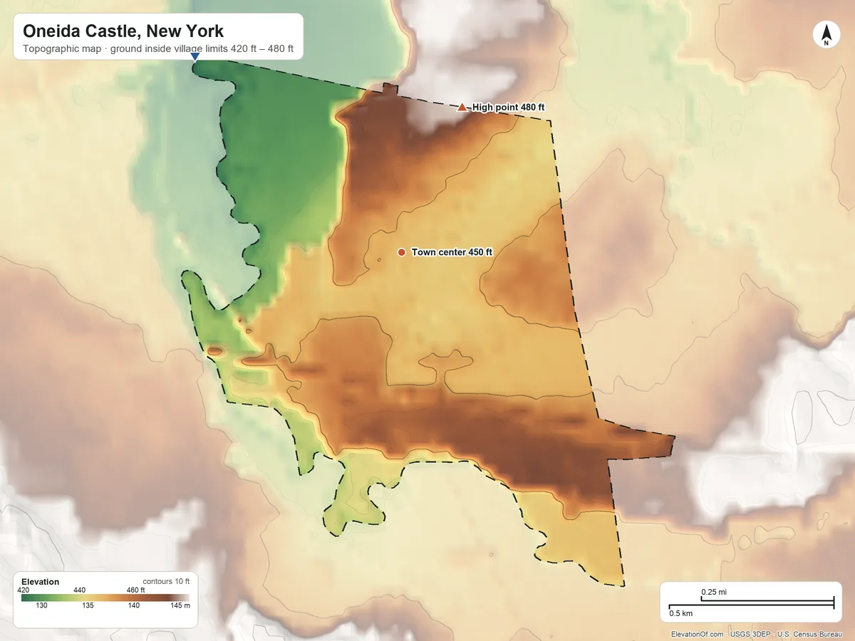 Topographic elevation map of Oneida Castle, New York, shaded from 420 ft on the northwest side to 480 ft on the northeast side