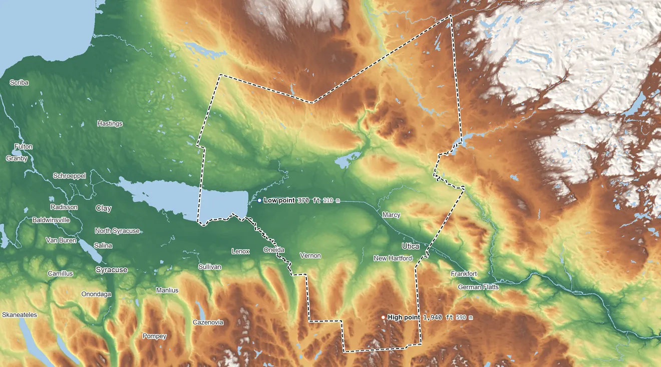 Topographic elevation map of Oneida County, New York, shaded from 370 ft on the west side to 1,940 ft on Tassel Hill