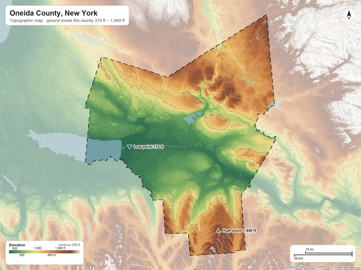 Topographic elevation map of Oneida County, New York, shaded from 370 ft on the west side to 1,940 ft on Tassel Hill