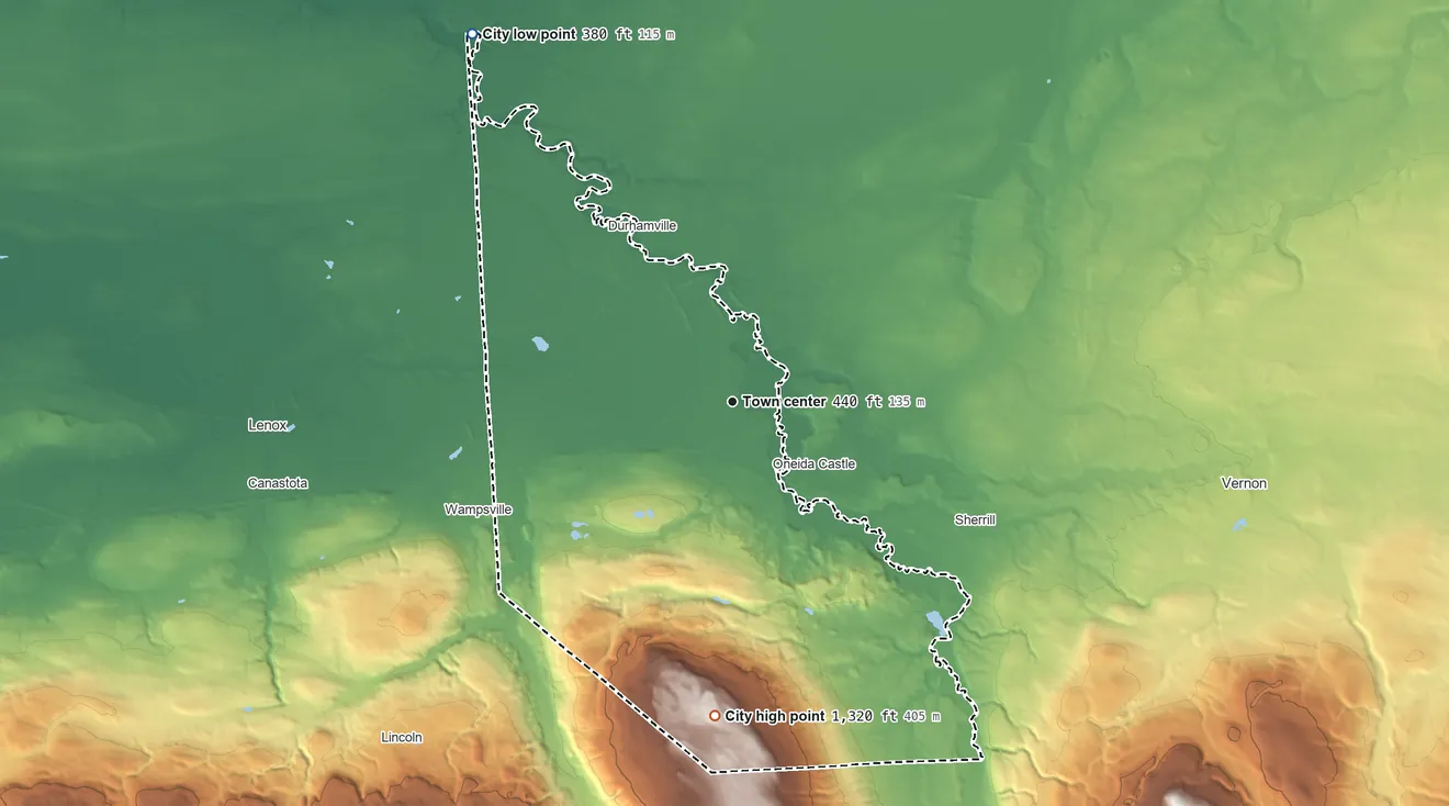 Topographic elevation map of Oneida, New York, shaded from 380 ft on the northwest side to 1,320 ft on the south side