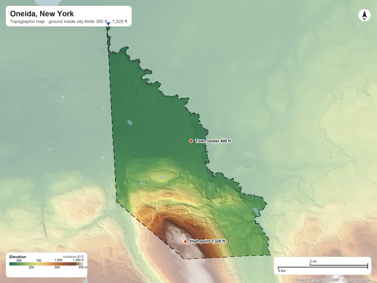 Topographic elevation map of Oneida, New York, shaded from 380 ft on the northwest side to 1,320 ft on the south side