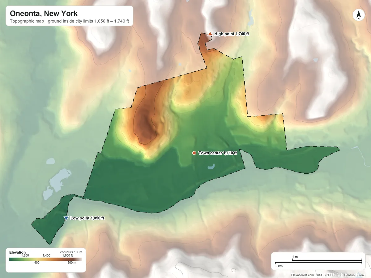 Topographic elevation map of Oneonta, New York, shaded from 1,050 ft on the southwest side to 1,740 ft on the north side