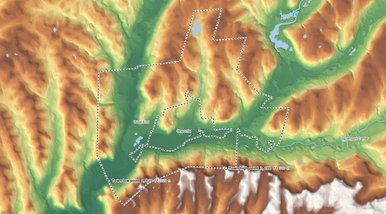 Topographic elevation map of Town of Oneonta, New York, shaded from 1,040 ft on the southwest side to 2,100 ft on the southeast side