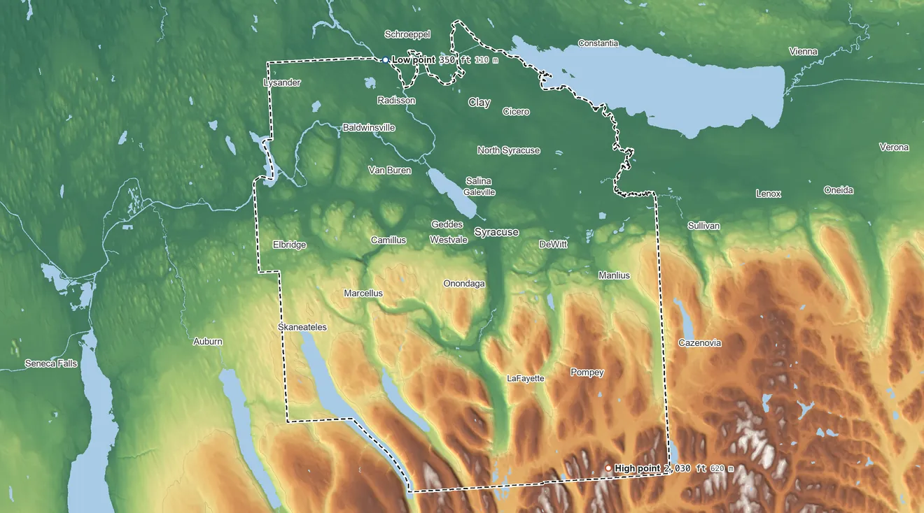 Topographic elevation map of Onondaga County, New York, shaded from 350 ft on the north side to 2,030 ft on the southeast side