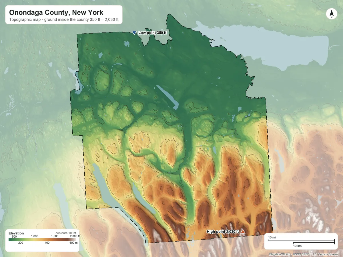 Topographic elevation map of Onondaga County, New York, shaded from 350 ft on the north side to 2,030 ft on the southeast side