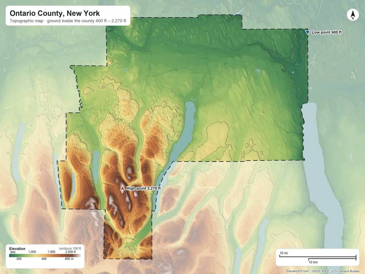 Topographic elevation map of Ontario County, New York, shaded from 400 ft on the northeast side to 2,270 ft on Frost Hill
