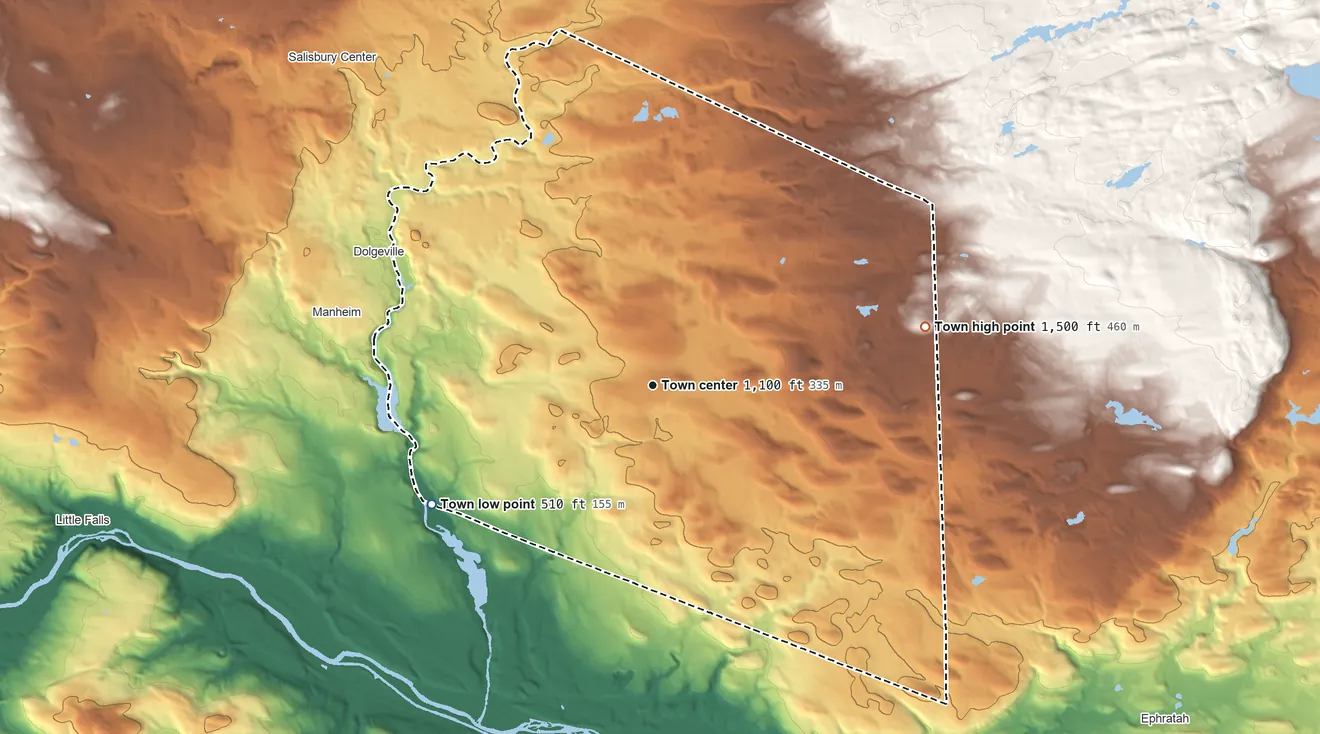 Topographic elevation map of Oppenheim, New York, shaded from 510 ft on the southwest side to 1,500 ft on the east side