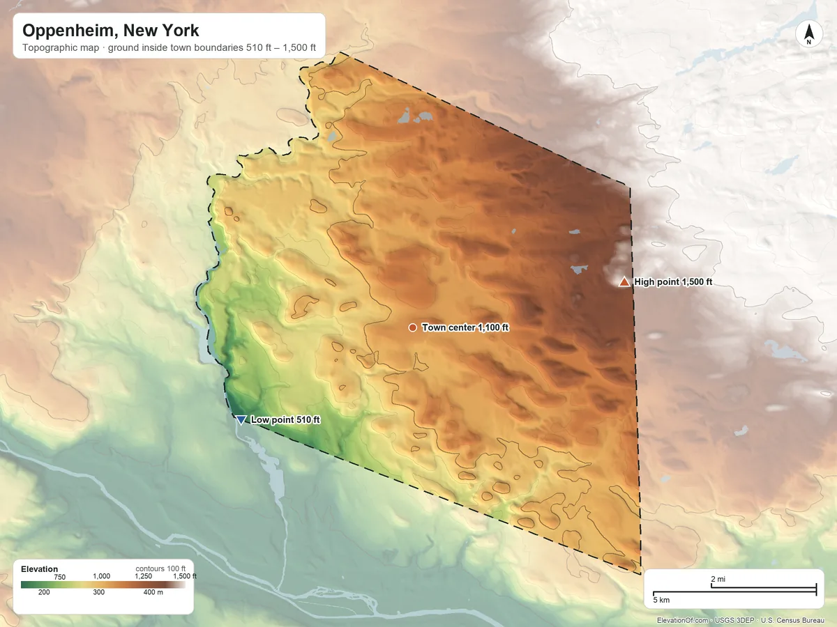 Topographic elevation map of Oppenheim, New York, shaded from 510 ft on the southwest side to 1,500 ft on the east side