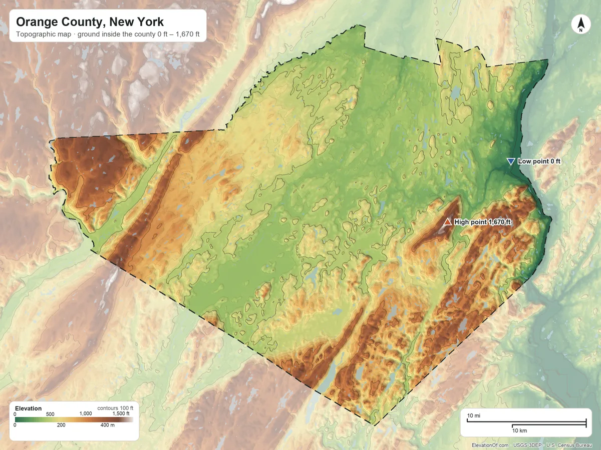 Topographic elevation map of Orange County, New York, shaded from 0 ft on the east side to 1,670 ft on the east side