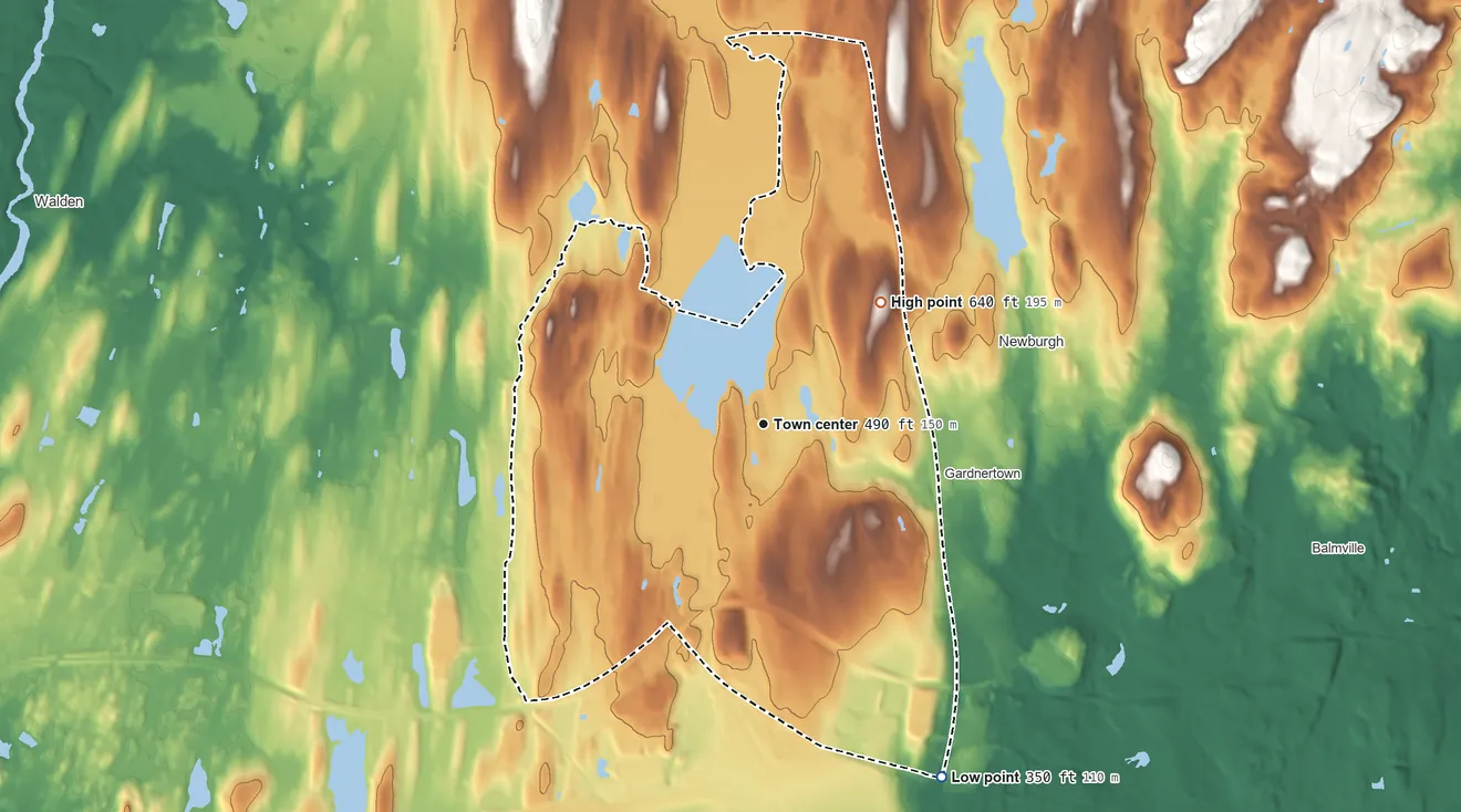 Topographic elevation map of Orange Lake, New York, shaded from 350 ft on the southeast side to 640 ft on the northeast side