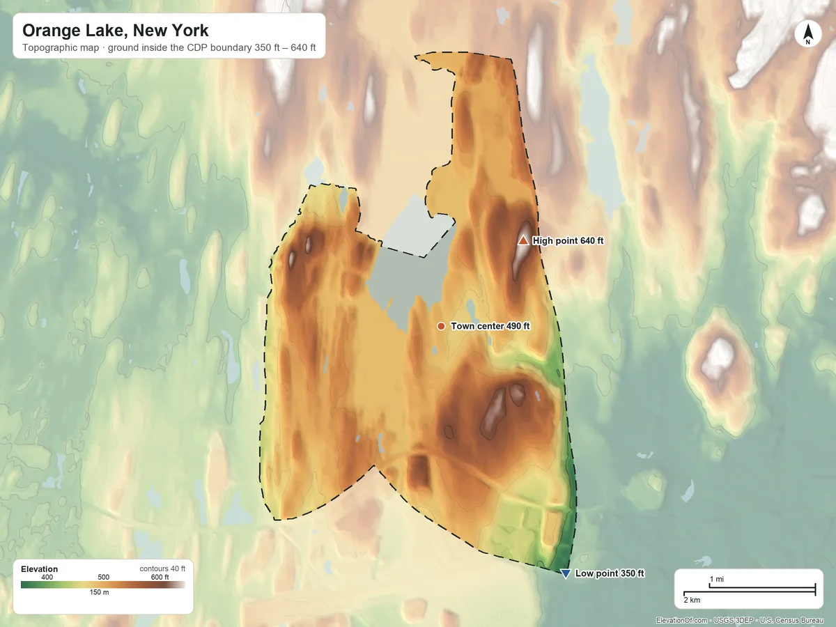 Topographic elevation map of Orange Lake, New York, shaded from 350 ft on the southeast side to 640 ft on the northeast side