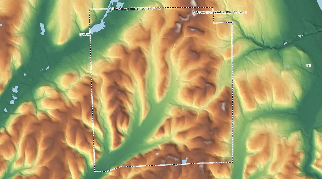 Topographic elevation map of Orange, New York, shaded from 1,100 ft on the northwest side to 2,090 ft on the northeast side