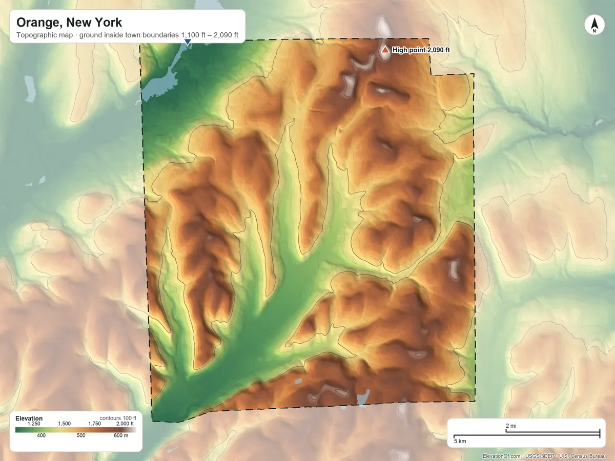 Topographic elevation map of Orange, New York, shaded from 1,100 ft on the northwest side to 2,090 ft on the northeast side