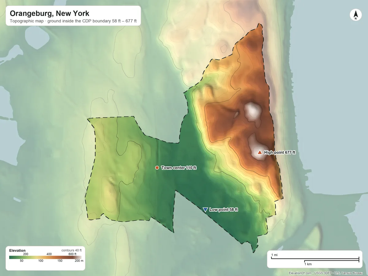 Topographic elevation map of Orangeburg, New York, shaded from 58 ft on the southeast side to 677 ft on Mount Nebo