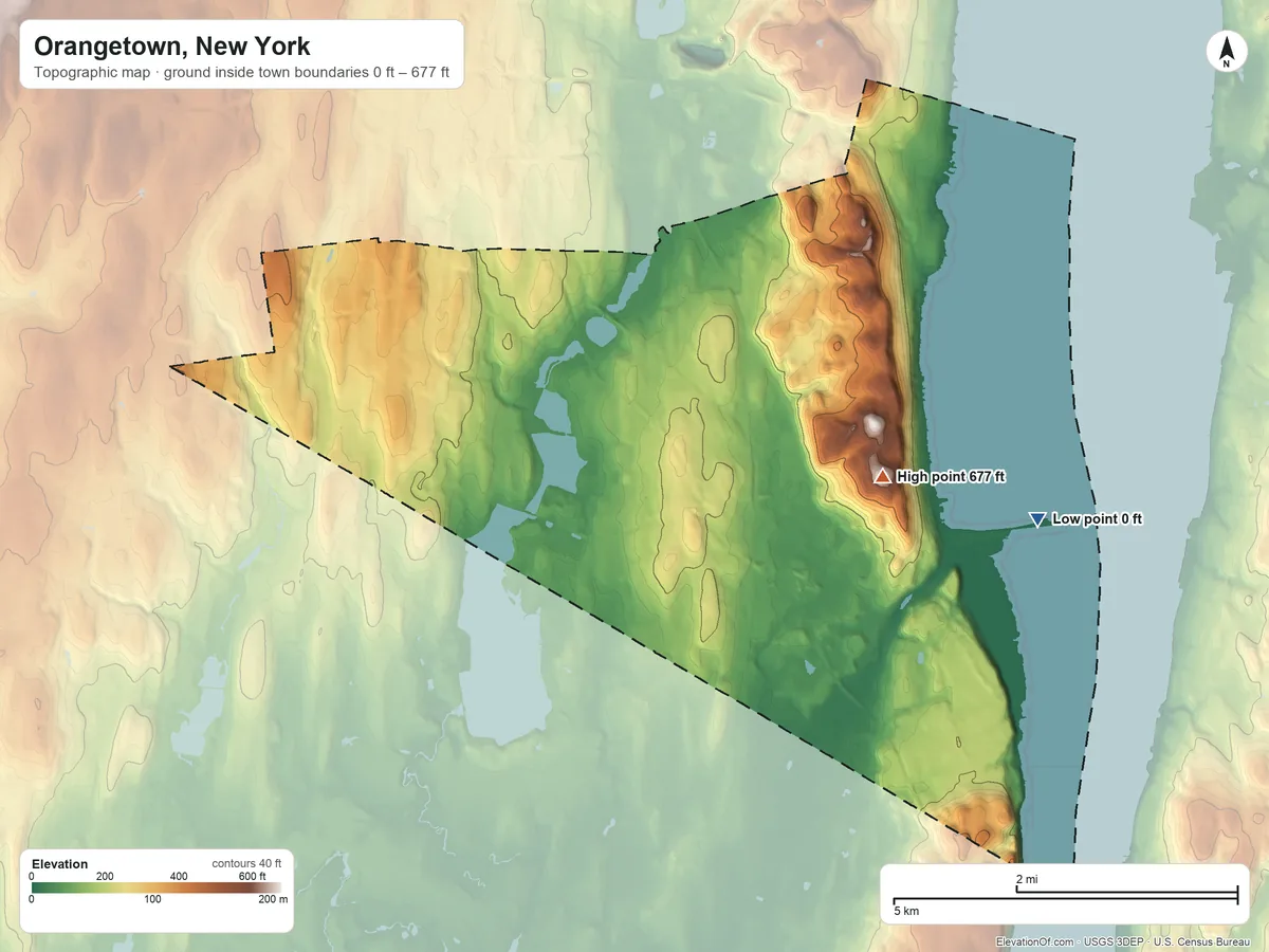 Topographic elevation map of Orangetown, New York, shaded from 0 ft on the east side to 677 ft on Mount Nebo