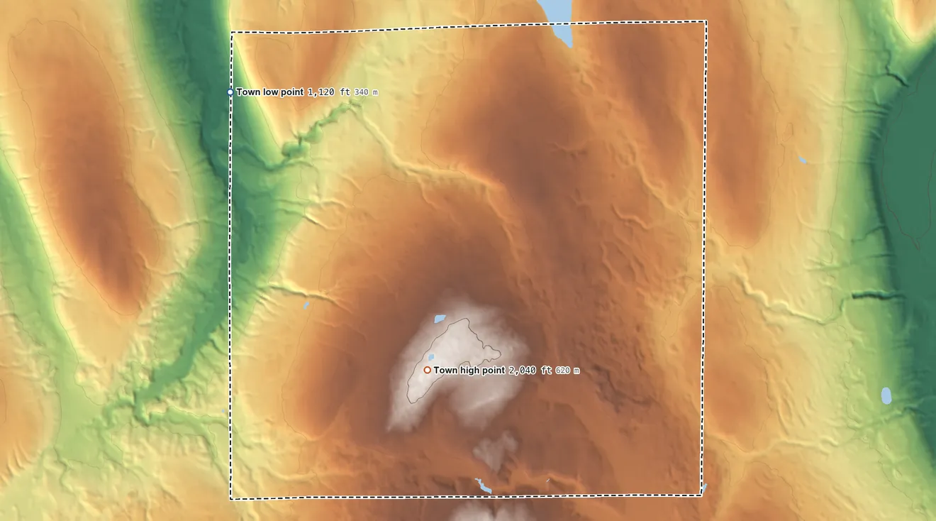Topographic elevation map of Orangeville, New York, shaded from 1,120 ft on the northwest side to 2,040 ft on the south side