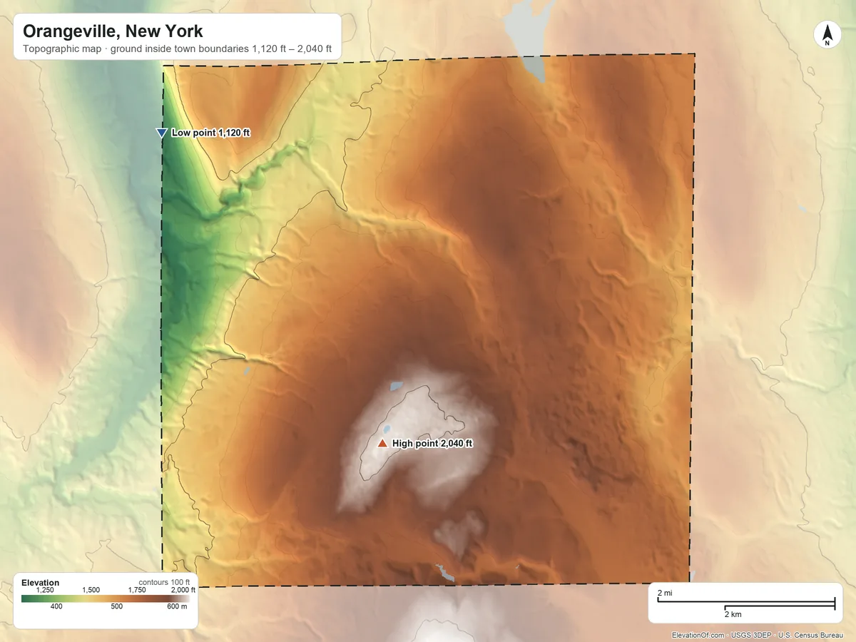 Topographic elevation map of Orangeville, New York, shaded from 1,120 ft on the northwest side to 2,040 ft on the south side