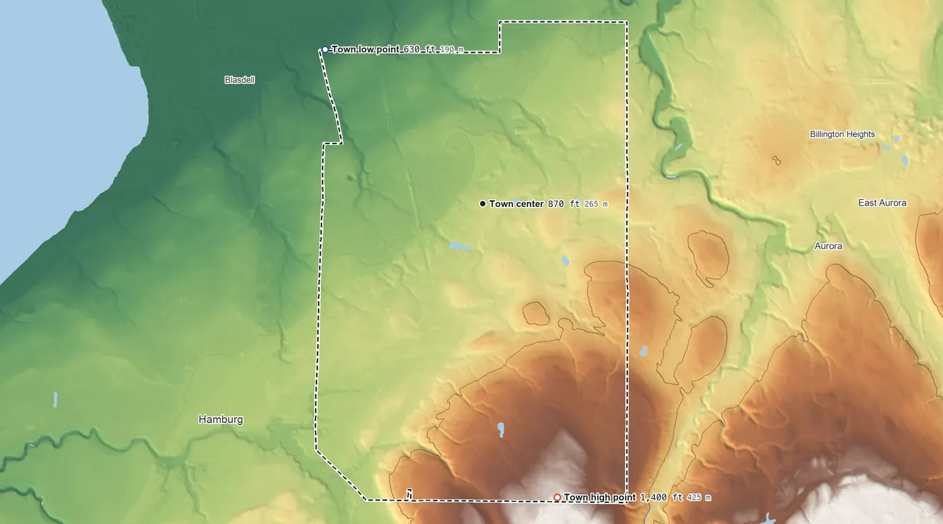 Topographic elevation map of Orchard Park, New York, shaded from 630 ft on the northwest side to 1,400 ft on the south side