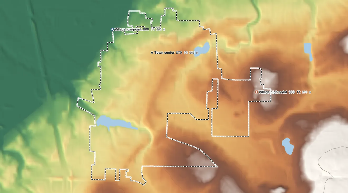 Topographic elevation map of Village of Orchard Park, New York, shaded from 800 ft on the northwest side to 950 ft on the east side
