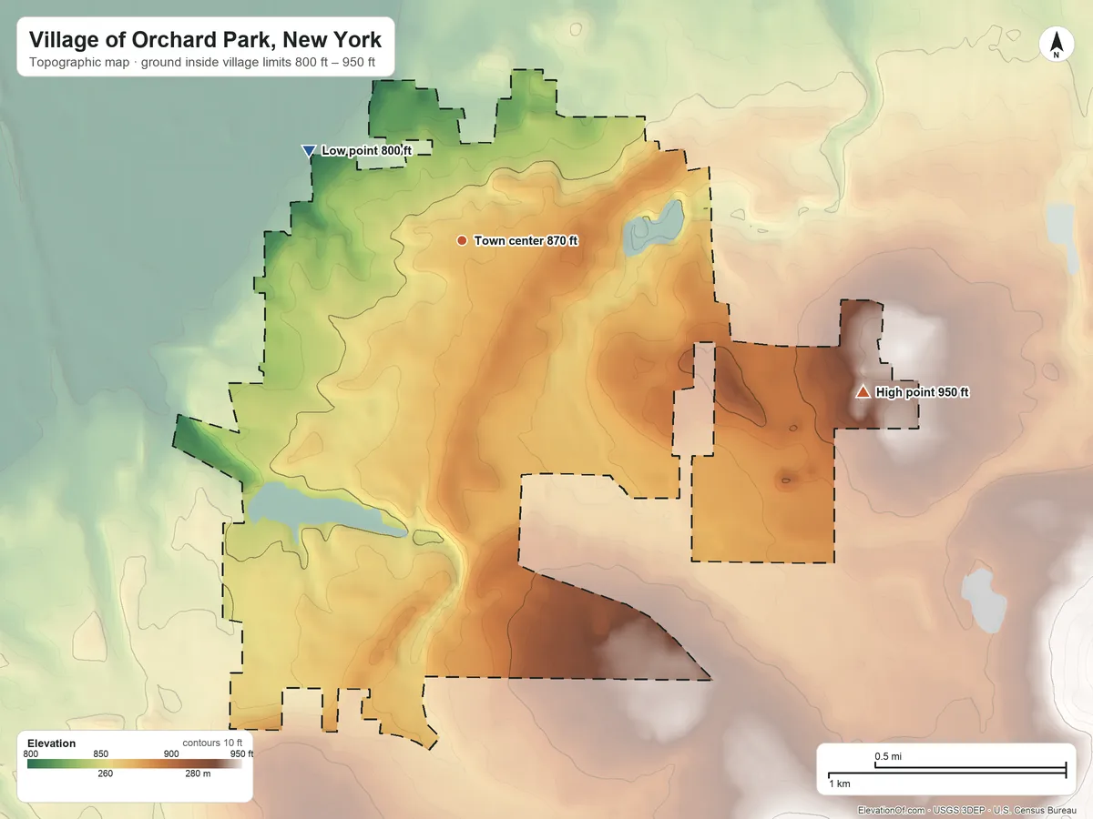 Topographic elevation map of Village of Orchard Park, New York, shaded from 800 ft on the northwest side to 950 ft on the east side