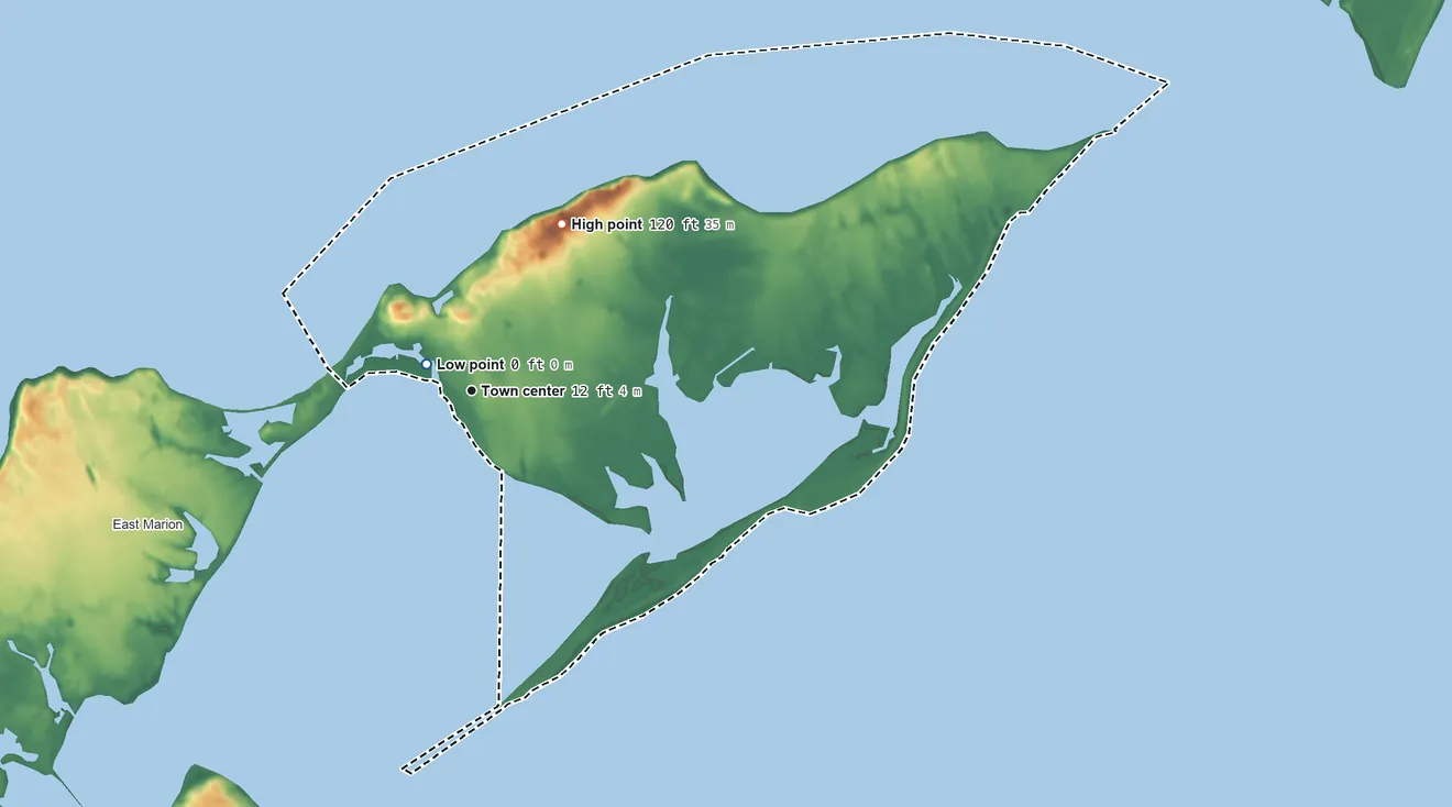 Topographic elevation map of Orient, New York, shaded from sea level level on Orient Harbor to 120 ft on Browns Hills