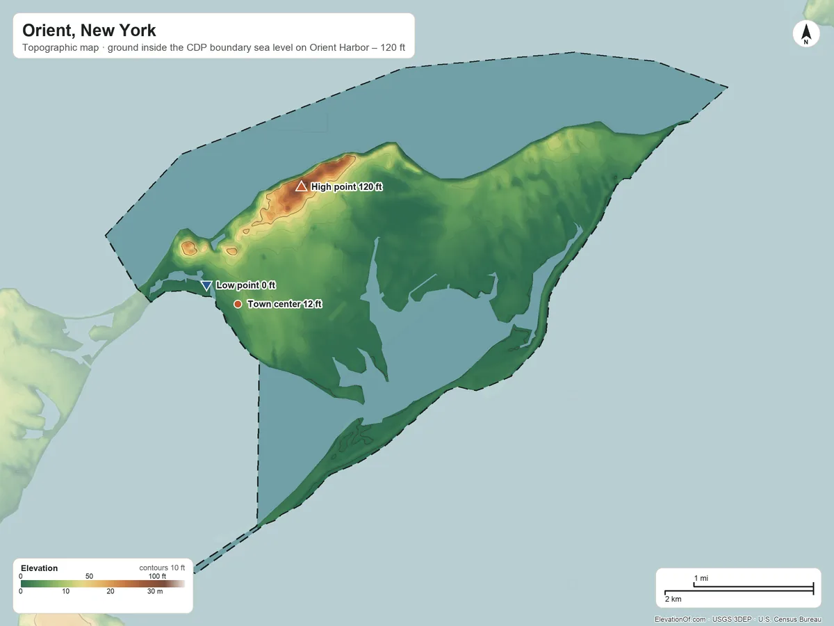 Topographic elevation map of Orient, New York, shaded from sea level level on Orient Harbor to 120 ft on Browns Hills