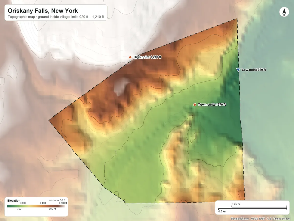 Topographic elevation map of Oriskany Falls, New York, shaded from 920 ft on the northeast side to 1,210 ft on the northwest side
