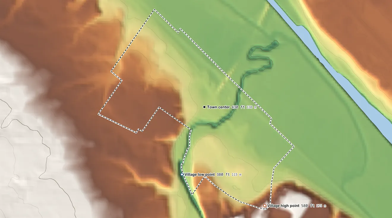 Topographic elevation map of Oriskany, New York, shaded from 380 ft on the south side to 580 ft on the southeast side