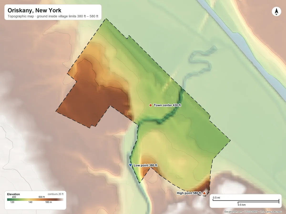 Topographic elevation map of Oriskany, New York, shaded from 380 ft on the south side to 580 ft on the southeast side