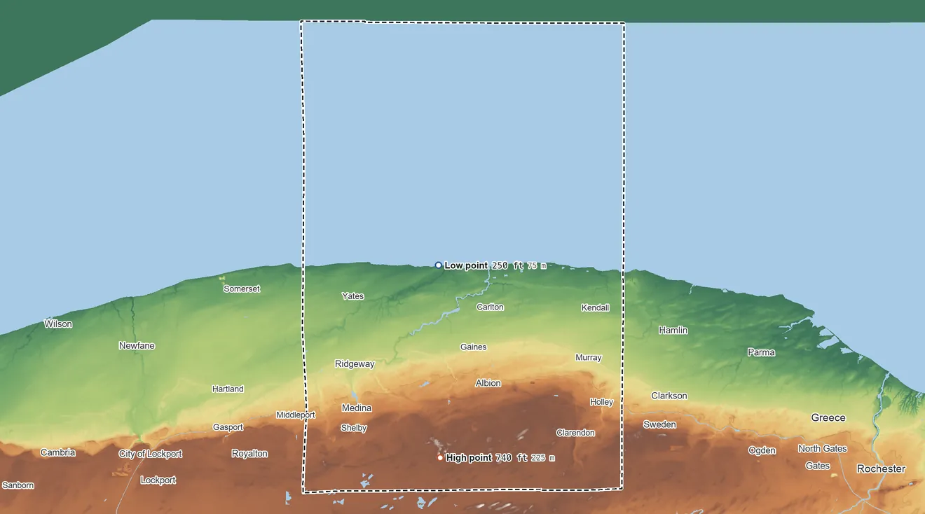 Topographic elevation map of Orleans County, New York, shaded from 250 ft near the middle to 740 ft on the south side